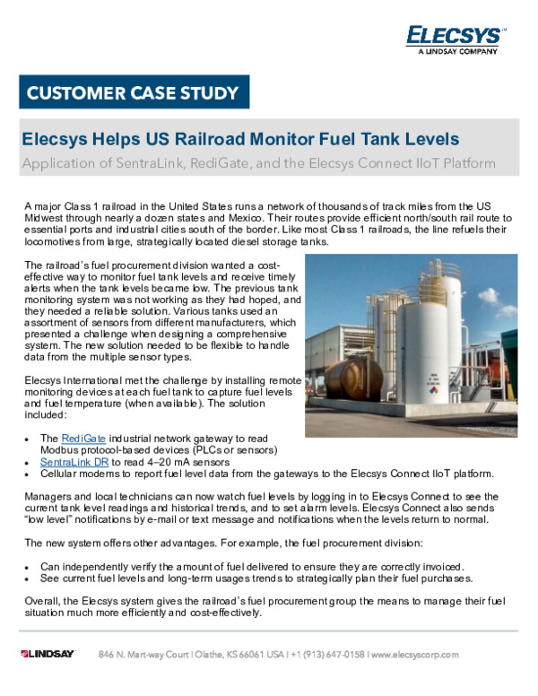 Elecsys Helps US Railroad Monitor Fuel Tank Levels